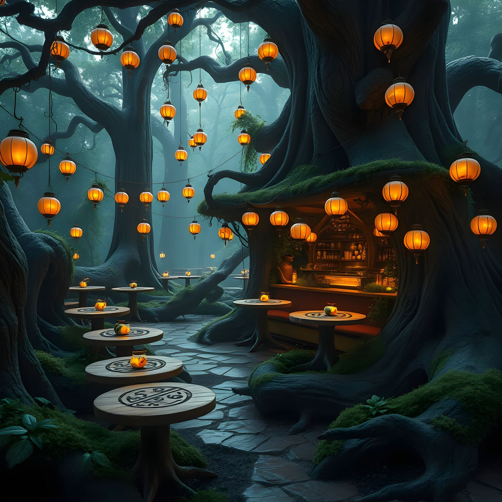 Enchanted Forest Cafe Integrated with Ancient Trees