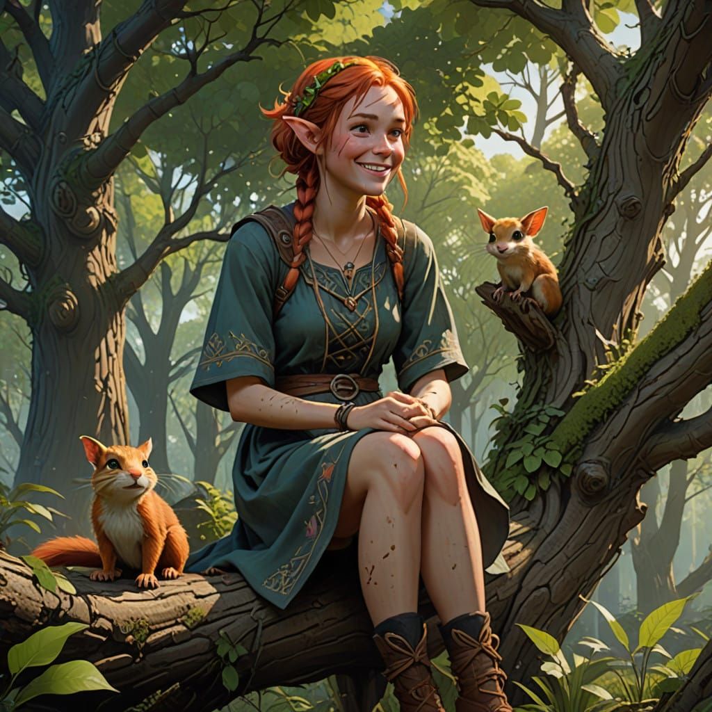 Elven Teen Girl Laughs with Chipmunk in Whimsical Woodland S...