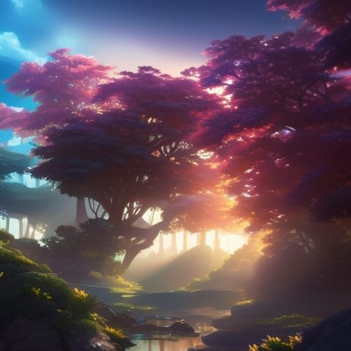 Magical Anime Landscape with Stars and Onibi Lights