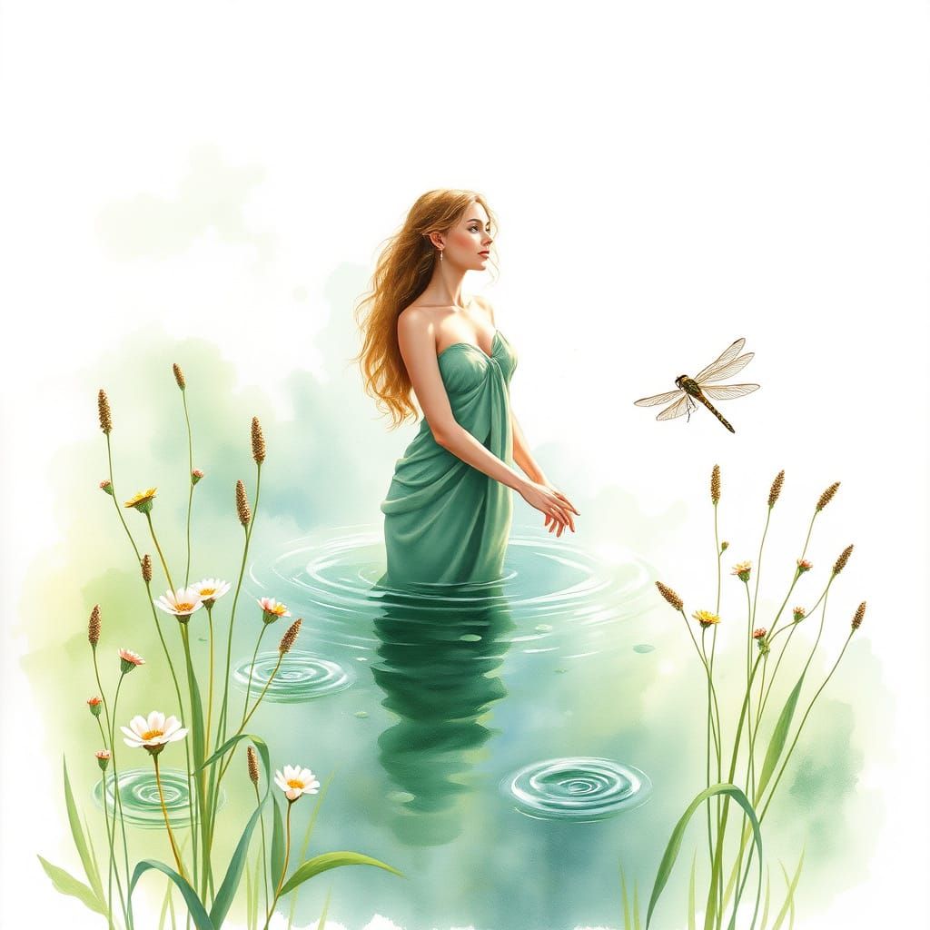 Watercolor Nymph in Lake Meadow with Dragonflies