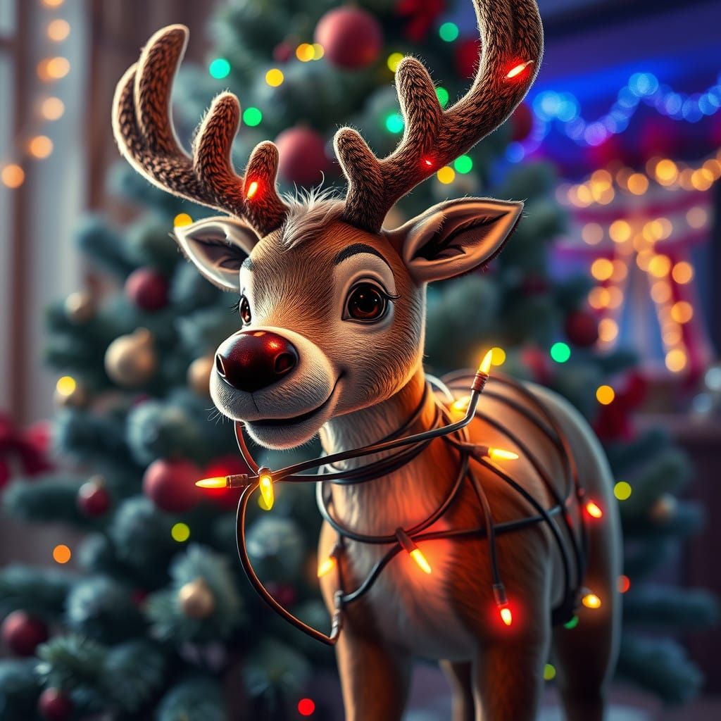 Whimsical Reindeer Mischief in Vibrant Christmas Wonderland