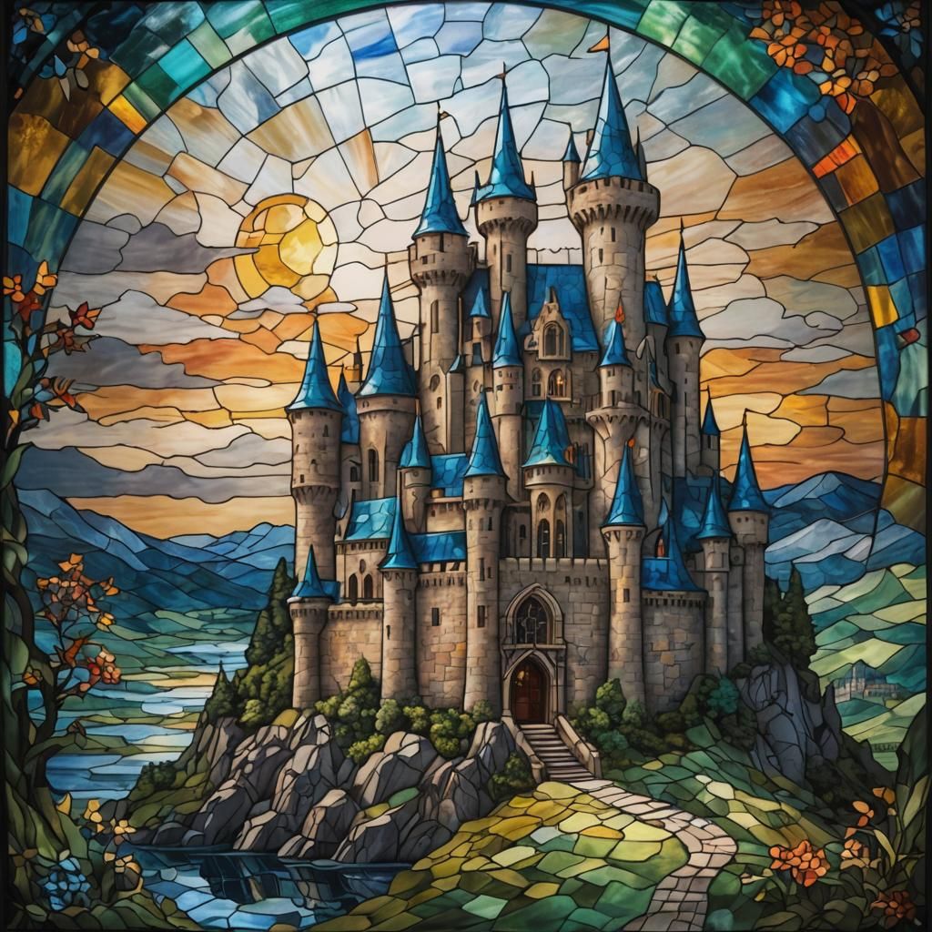 Stained Glass Fairytale Castle with Vivid Colors