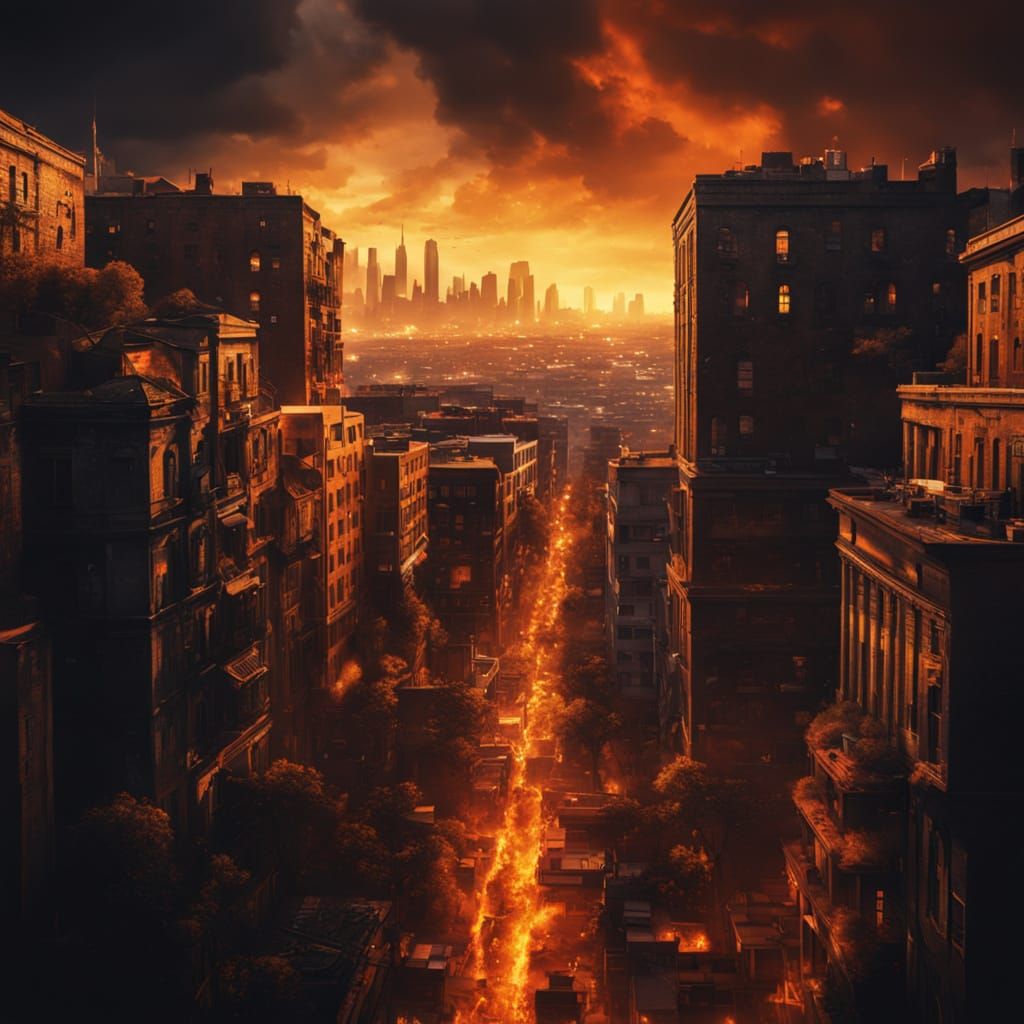 Fiery Cityscape on Cliff in Hyperrealistic Style