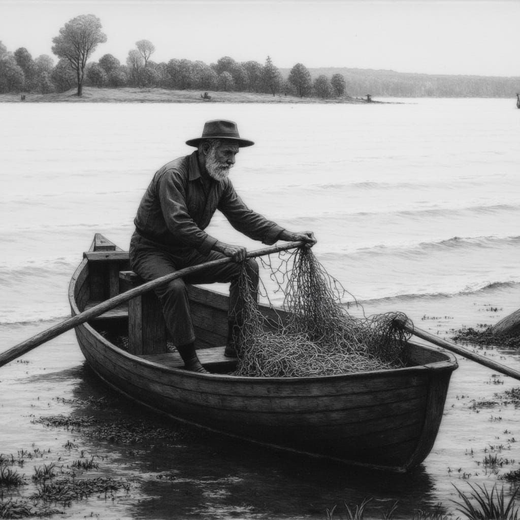Old Fisherman Lays Nets on Lake at Dawn