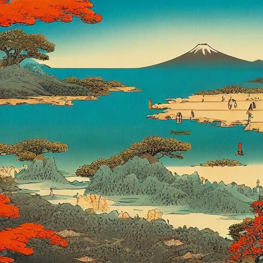 Japanese Beach Ukiyo-e Print in Detailed Matte Painting
