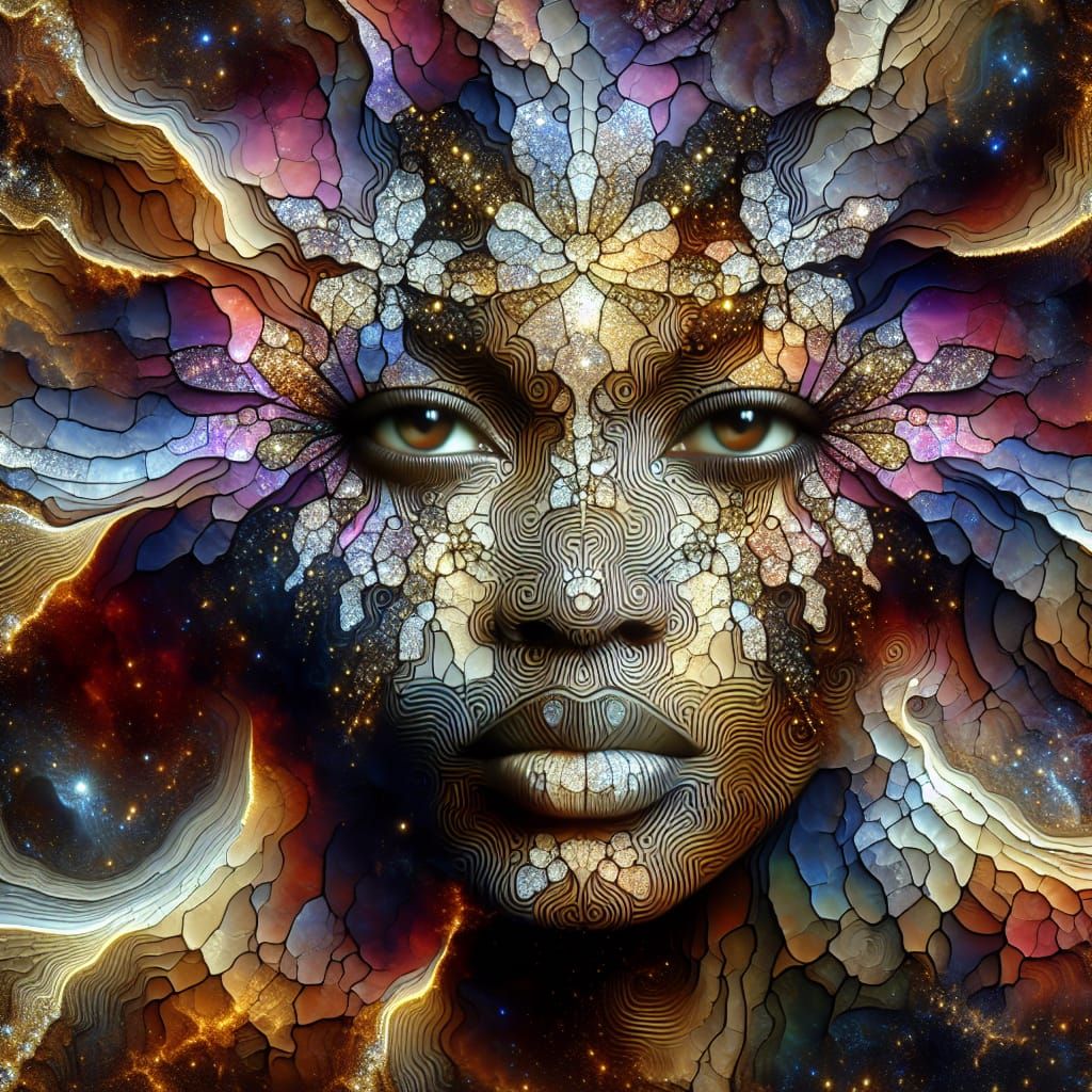 Kintsugi Woman with Cosmic Fractal Design