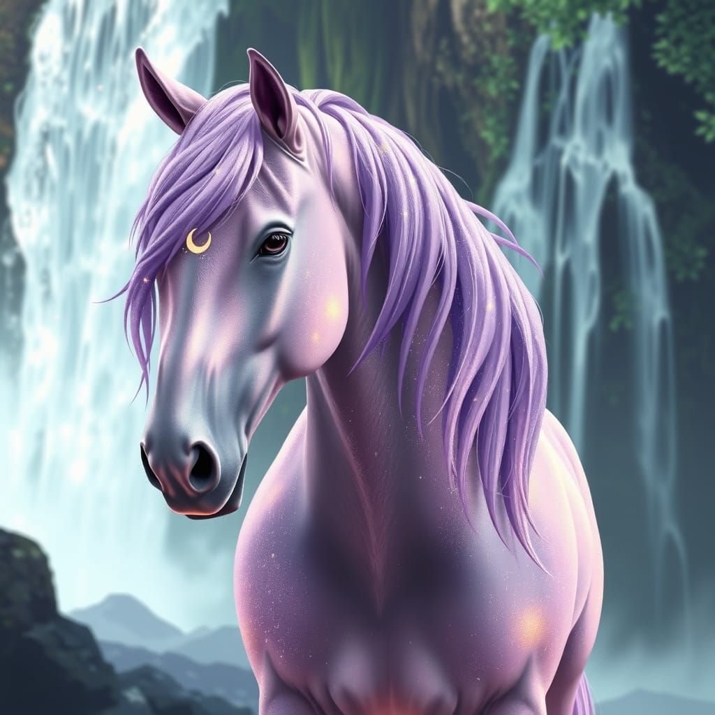 Stardust Horse at Magical Waterfall in Dreamy Style