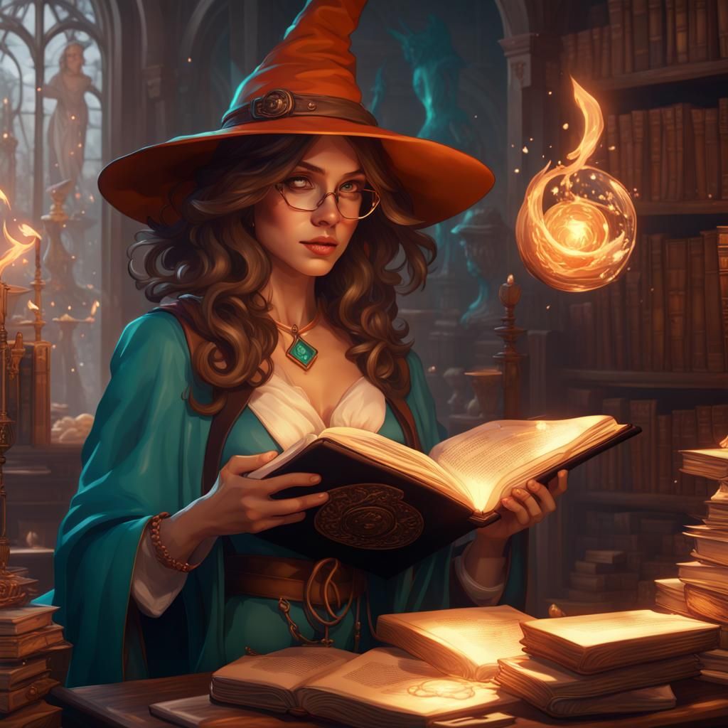 Enchanting Witch Reading Spell Book in Art Nouveau Style