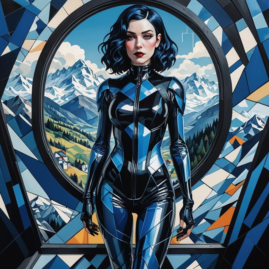 Cyberpunk Girl in Alps, Cubist Art Deco Style