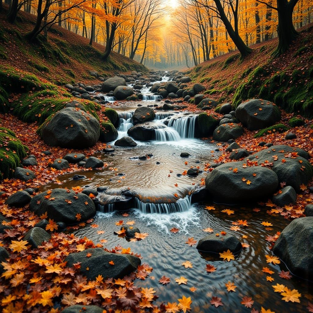 Vibrant Autumn Leaves Float Down Detailed Creek