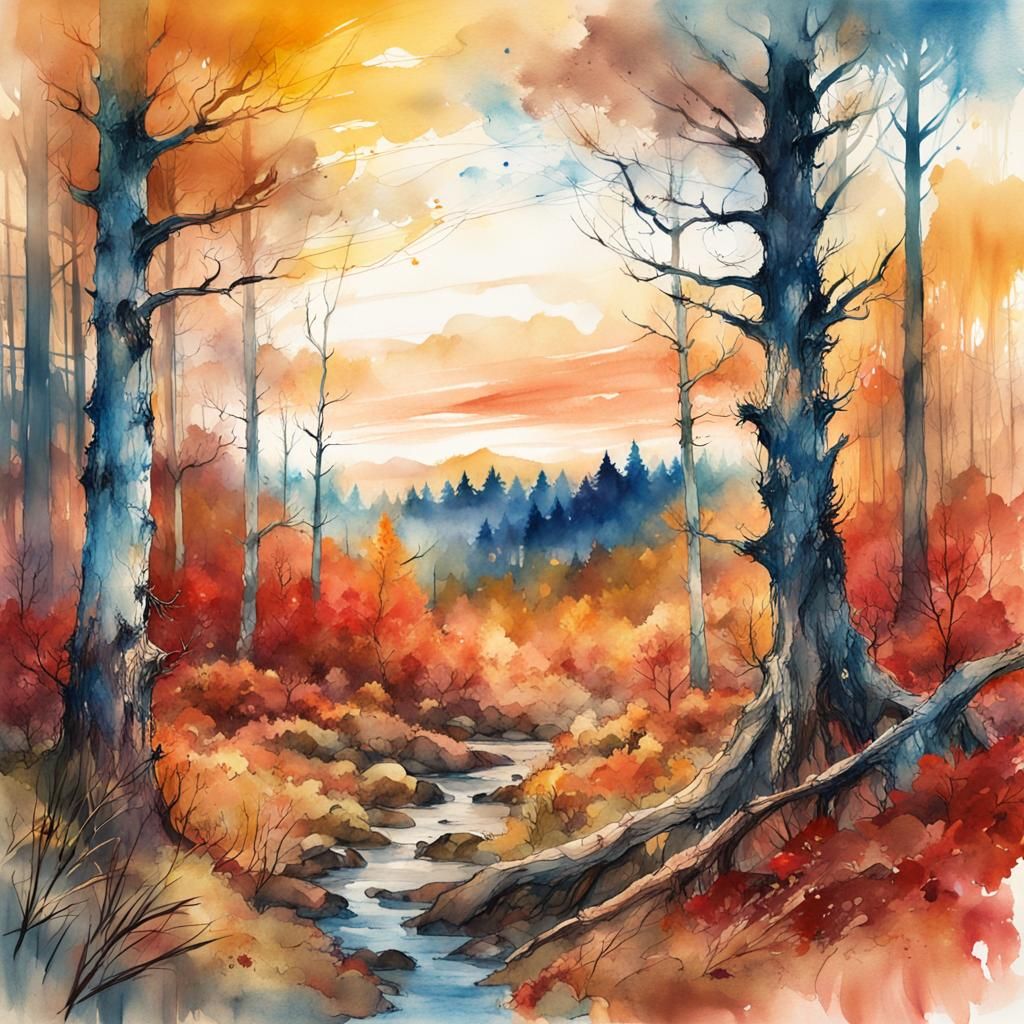 watercolor masterpiece ,autumn landscape