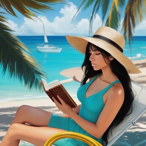 Woman Reading on Beach in Abstract Expressionism Style