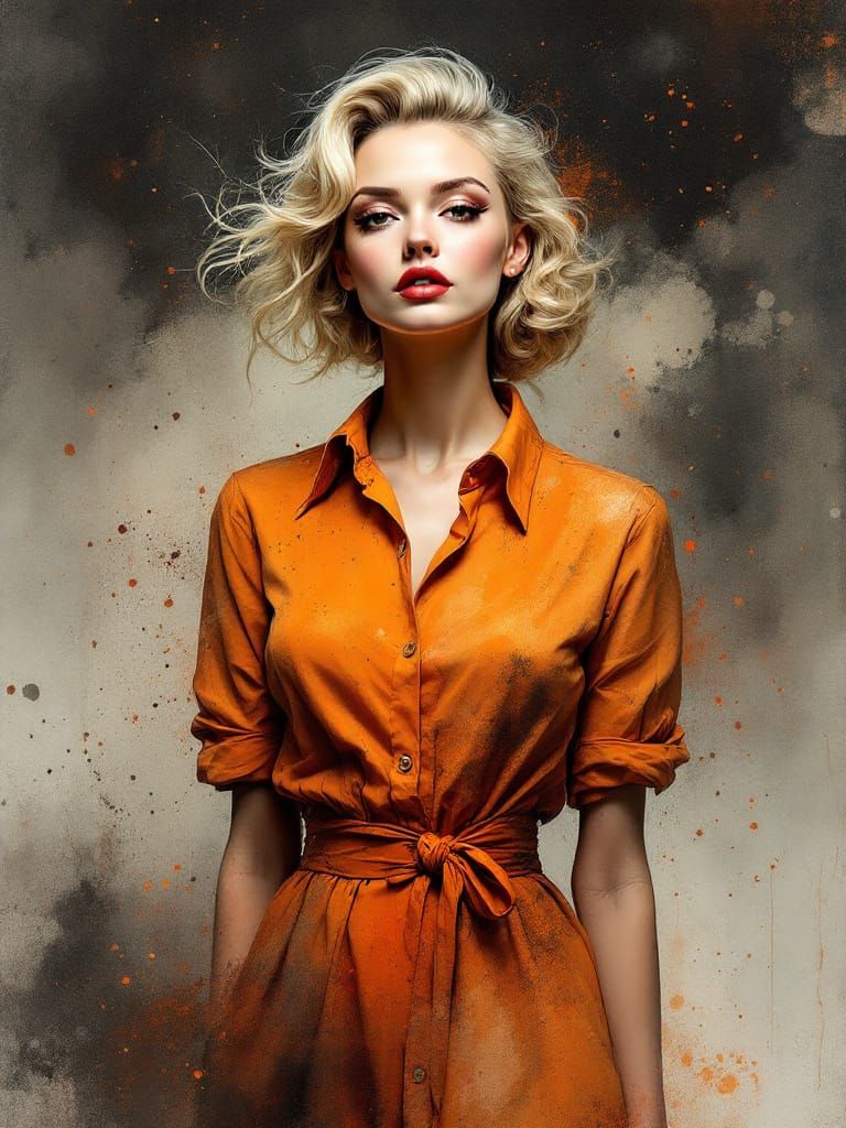 Pin-Up Woman in Watercolor Ink Splatter Style