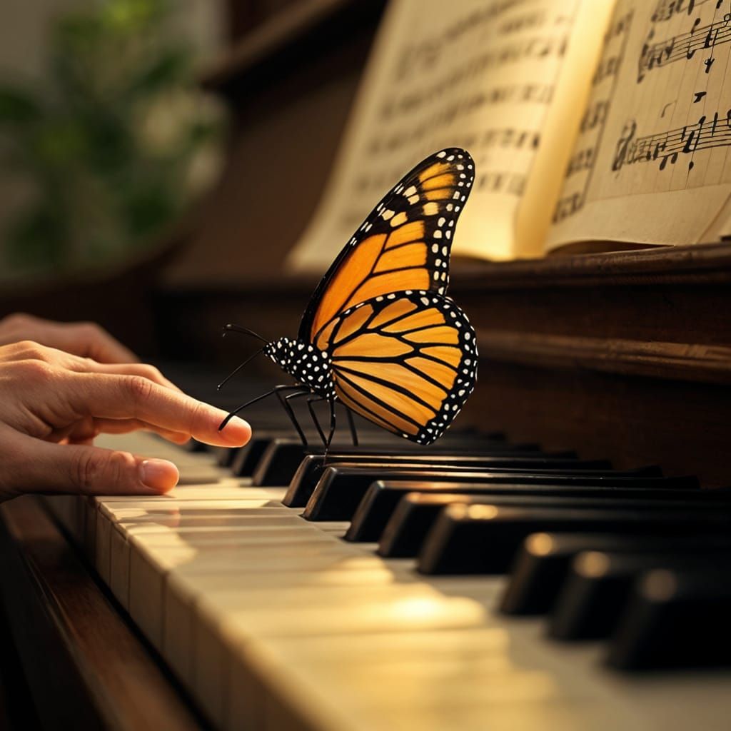 Surreal Piano Melody with a Majestic Monarch Butterfly