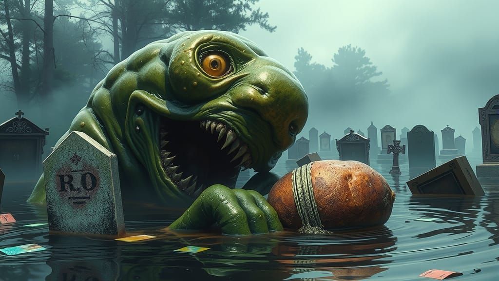 Grotesque Pickle Zombie Consumes Sodden Potato in Futuristic...