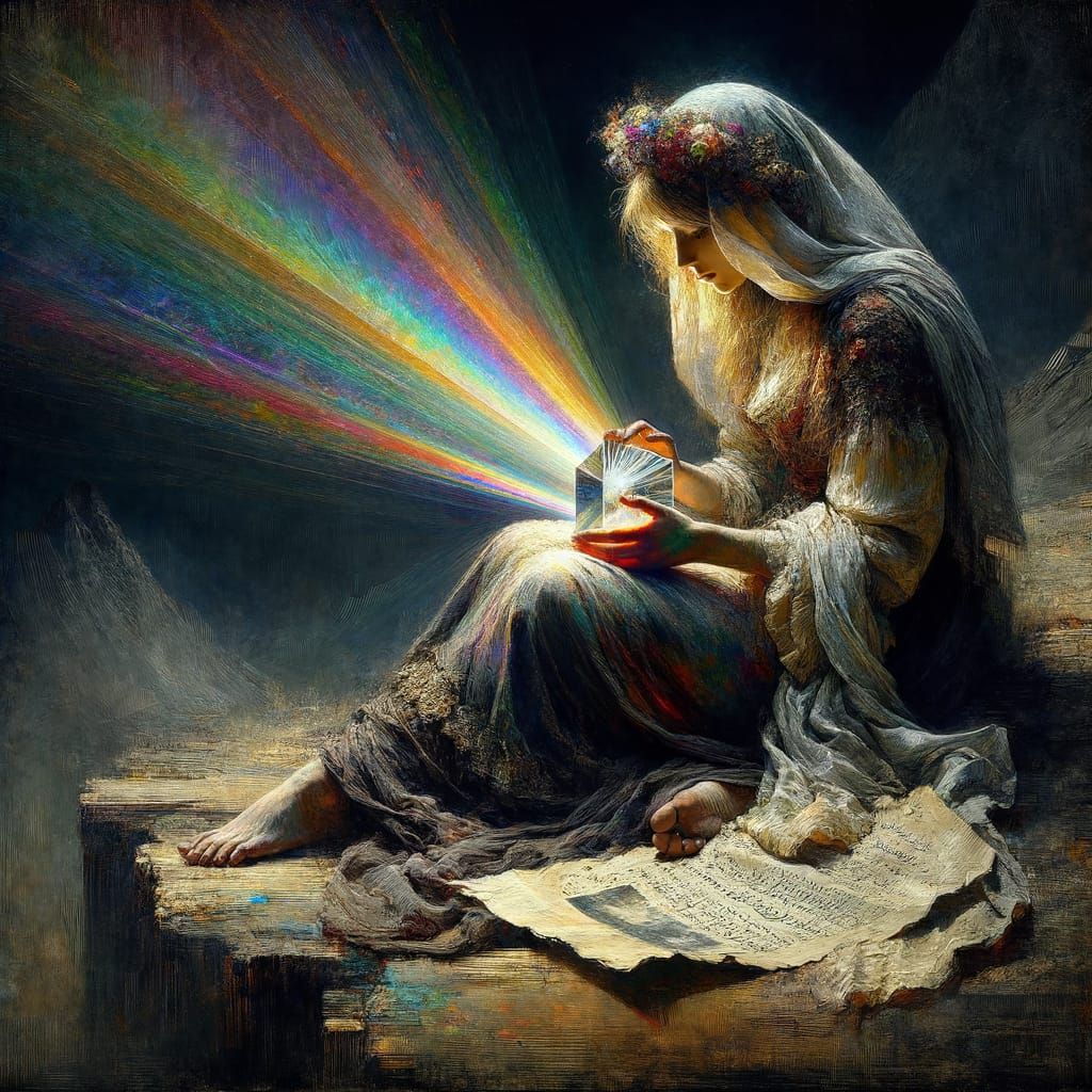 Woman with Prism on Mountaintop as Impasto Painting