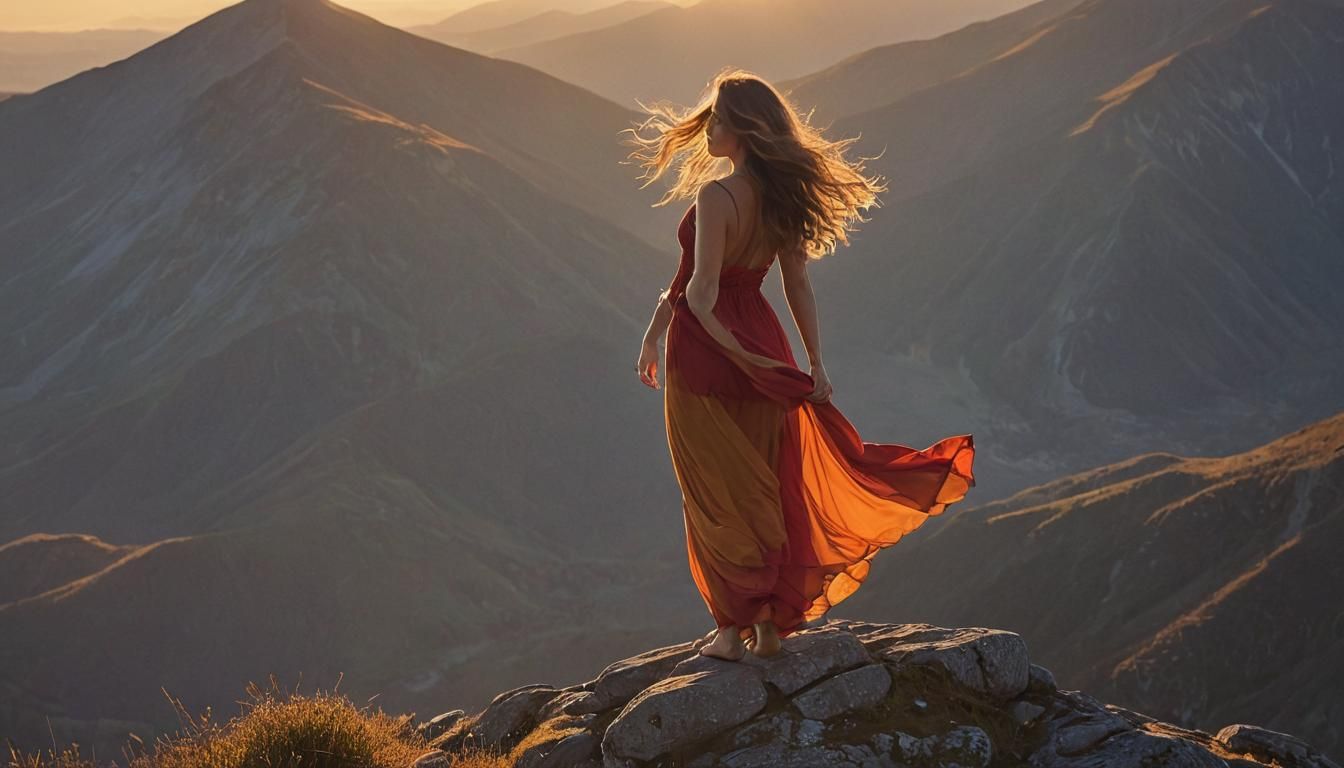 Golden Sunset on Mountain Peak with Serene Woman