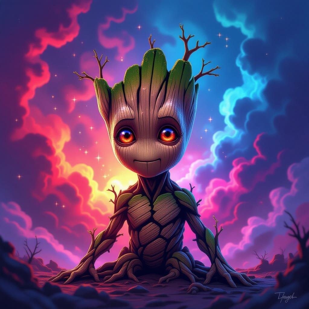 abstract artwork of an evil Baby Groot, dark fantasy style, ...