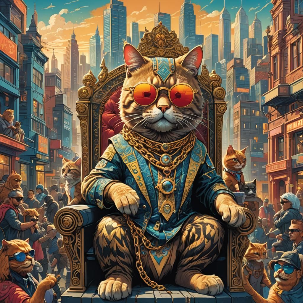 Anthropomorphic Cat God on Throne in Comic Art Style