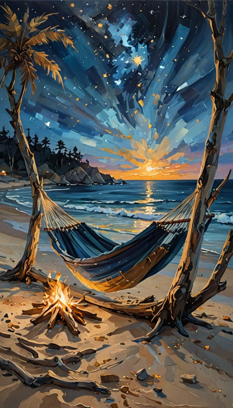 Secluded Beach Hammock in Impressionist Seascape