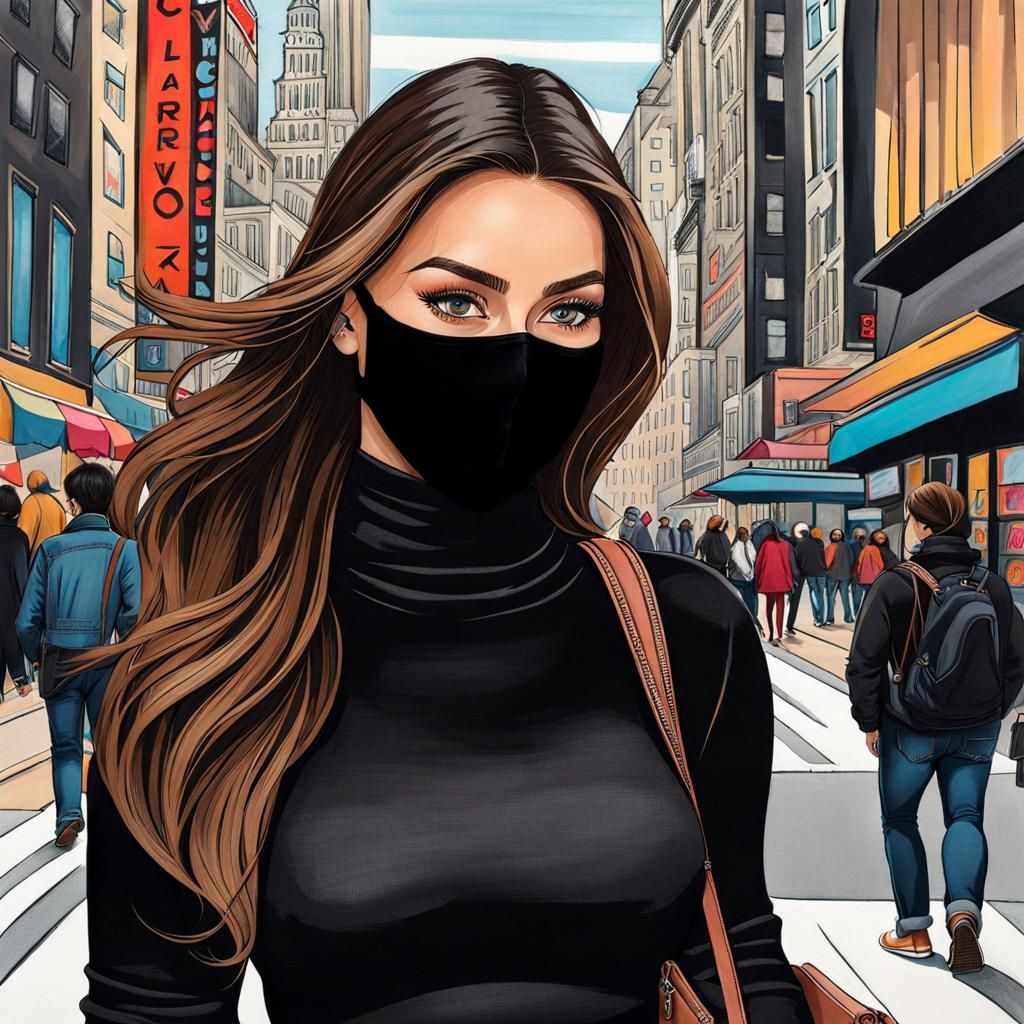 Woman with Face Mask in City Street Scene