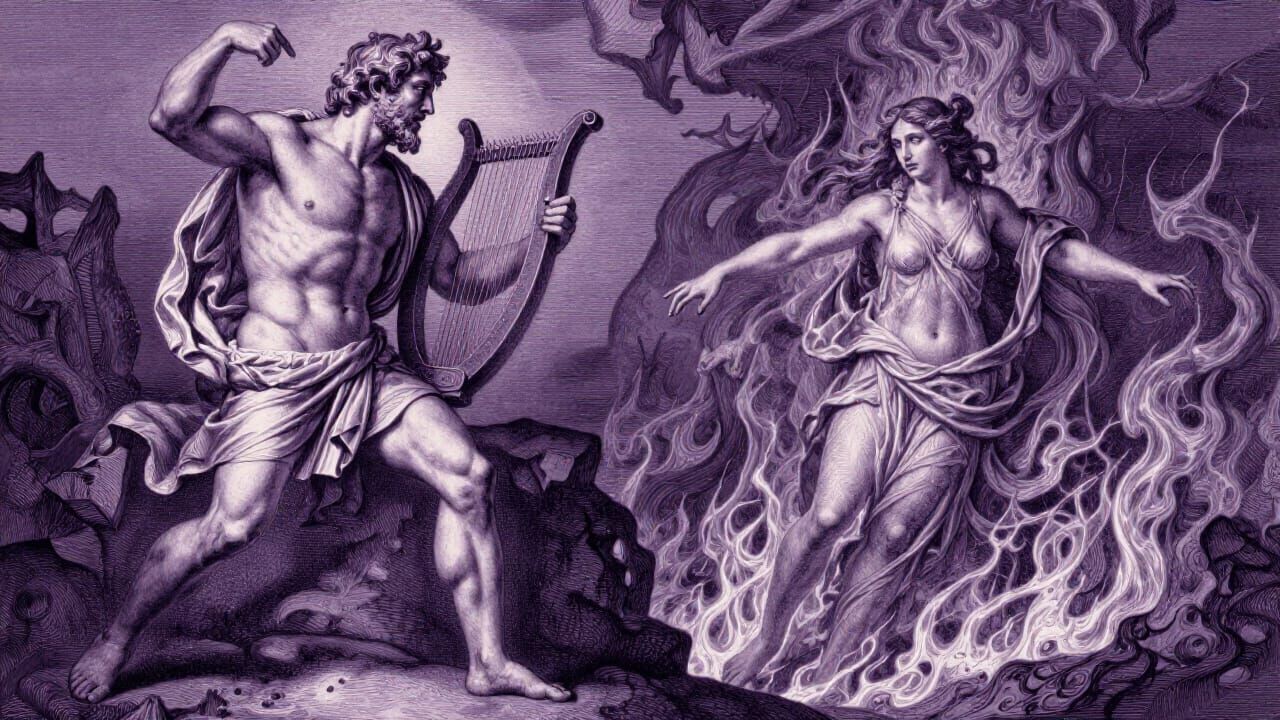 Orpheus Looks Back at Eurydice in Baroque Purple Etching