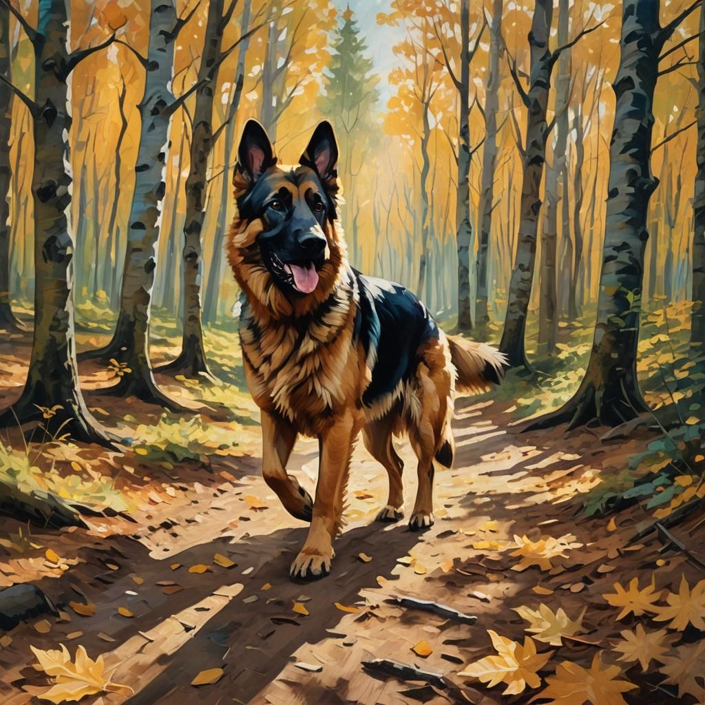 German Shepherd Runs in Forest: Fauvist Oil Painting