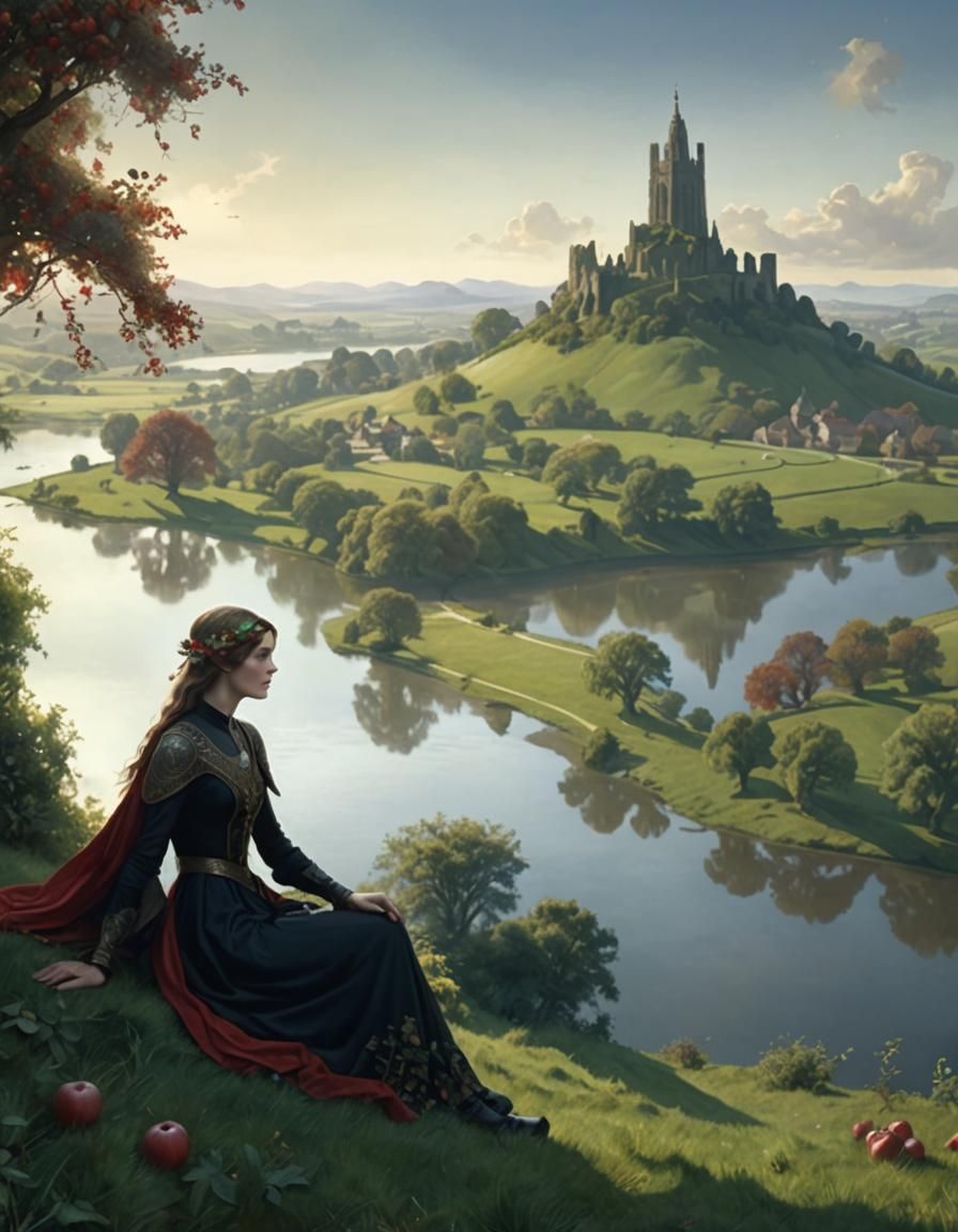 Mythical Avalon Island with Sorceress in Art Deco Style