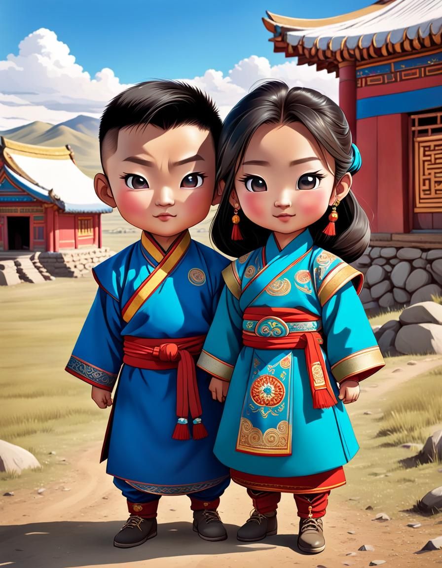 Chibi Mongolian Children Explore Countryside in Digital Art