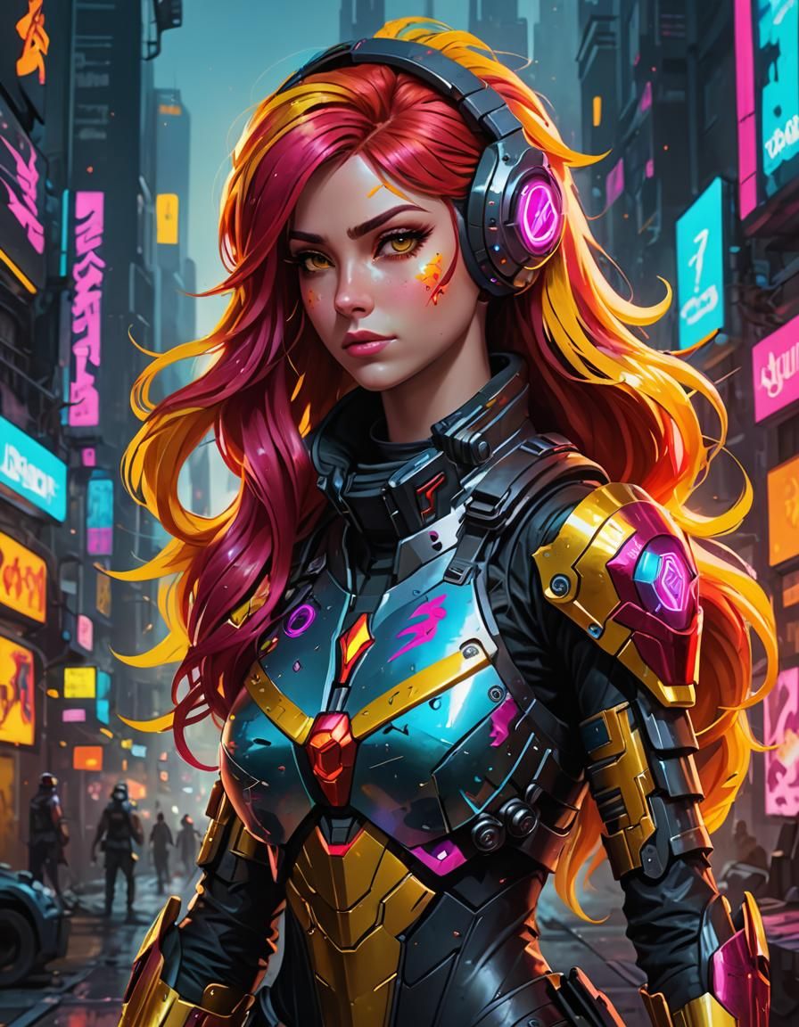 Sunset Shimmer in Cyberpunk Armor: Digital Portrait