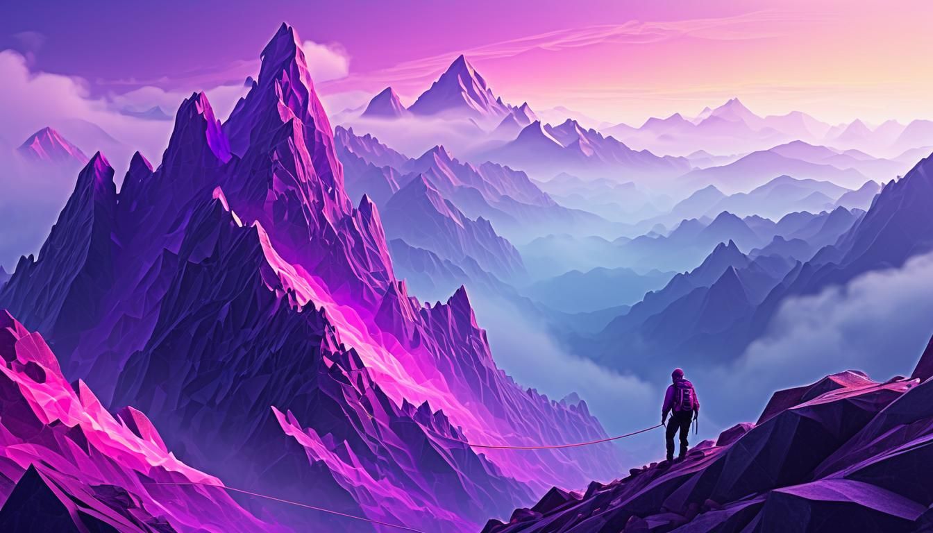 Low-Poly Climber in Misty Fractal Landscape
