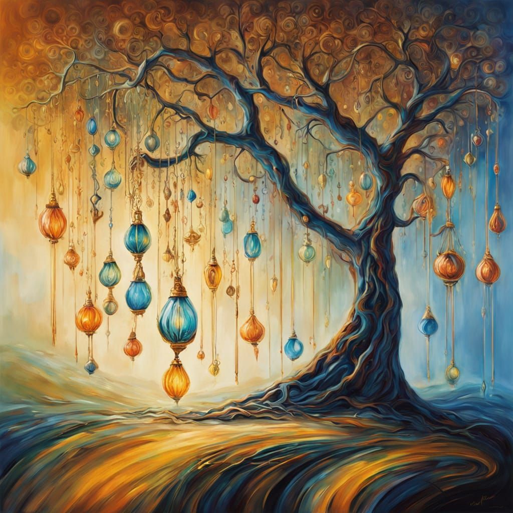 Dreamlike Tree of Glittering Keys in Vibrant, Ethereal Light
