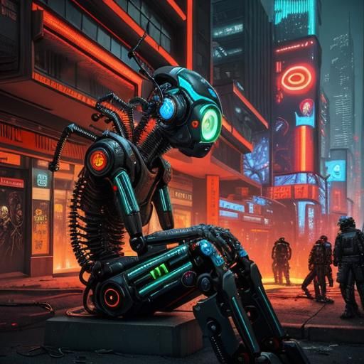 Robot in Post-Apocalyptic Cyberpunk Cityscape