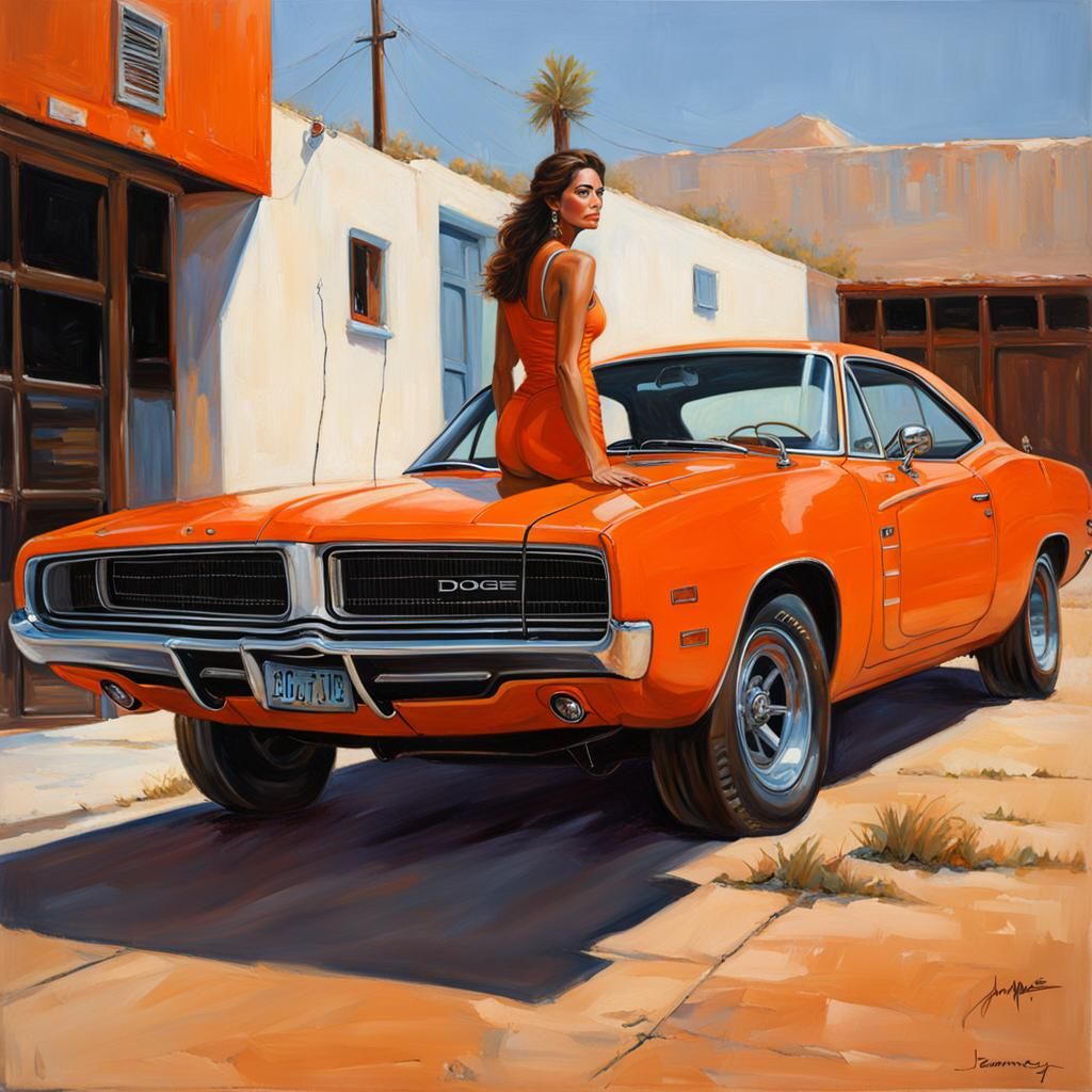 Woman and Orange Car in Oil Painting Style