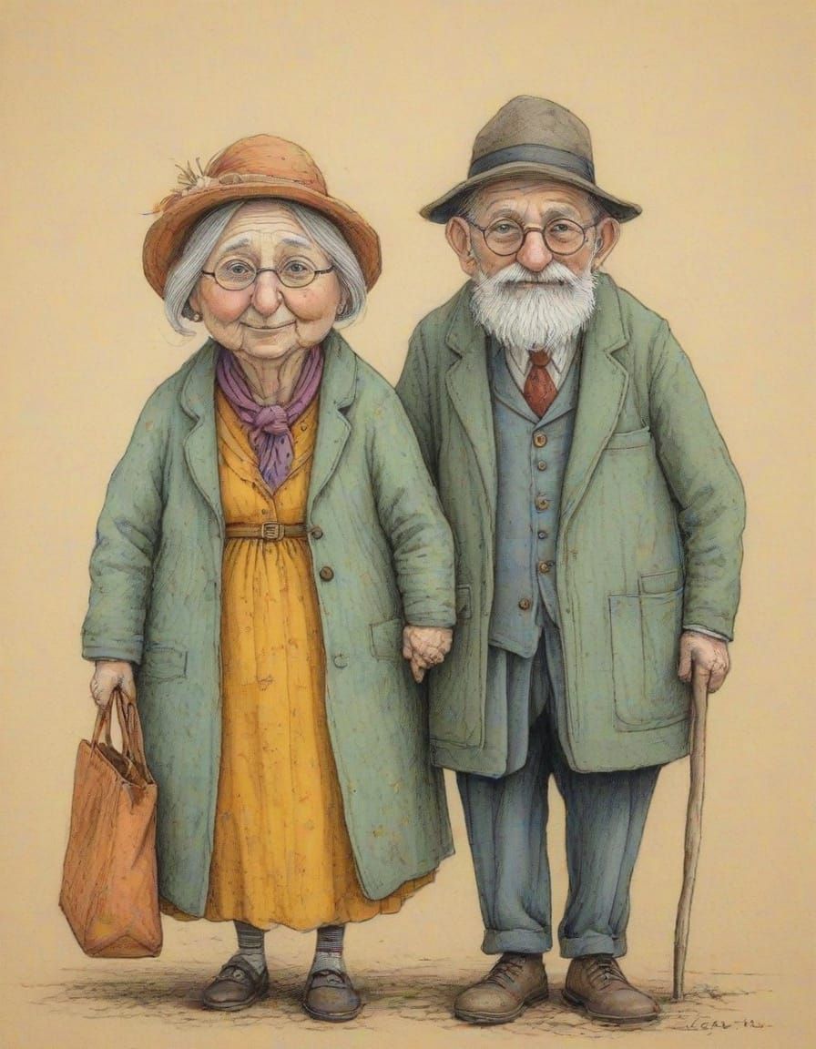 Whimsical Cartoon Portrait of a Lovable Elderly Couple