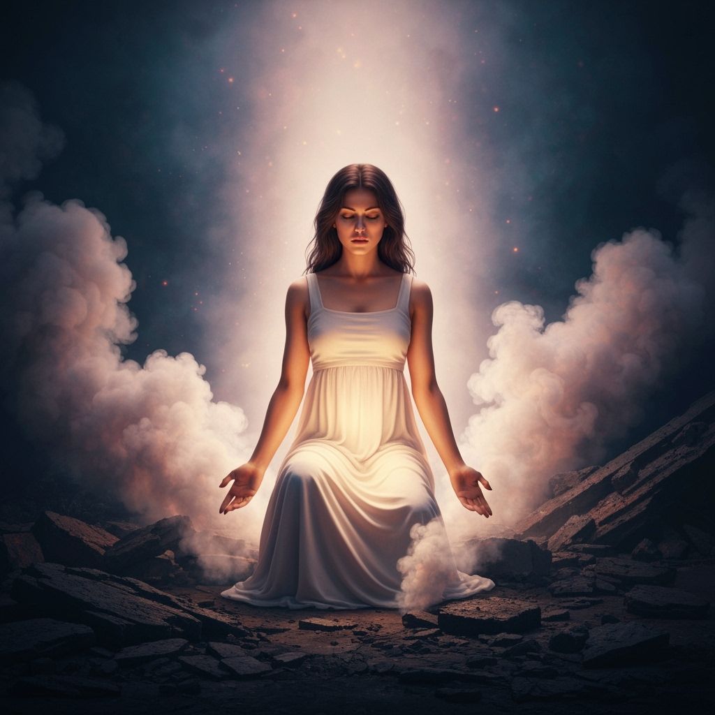 Serene Woman Amidst Destruction Finds Inner Strength