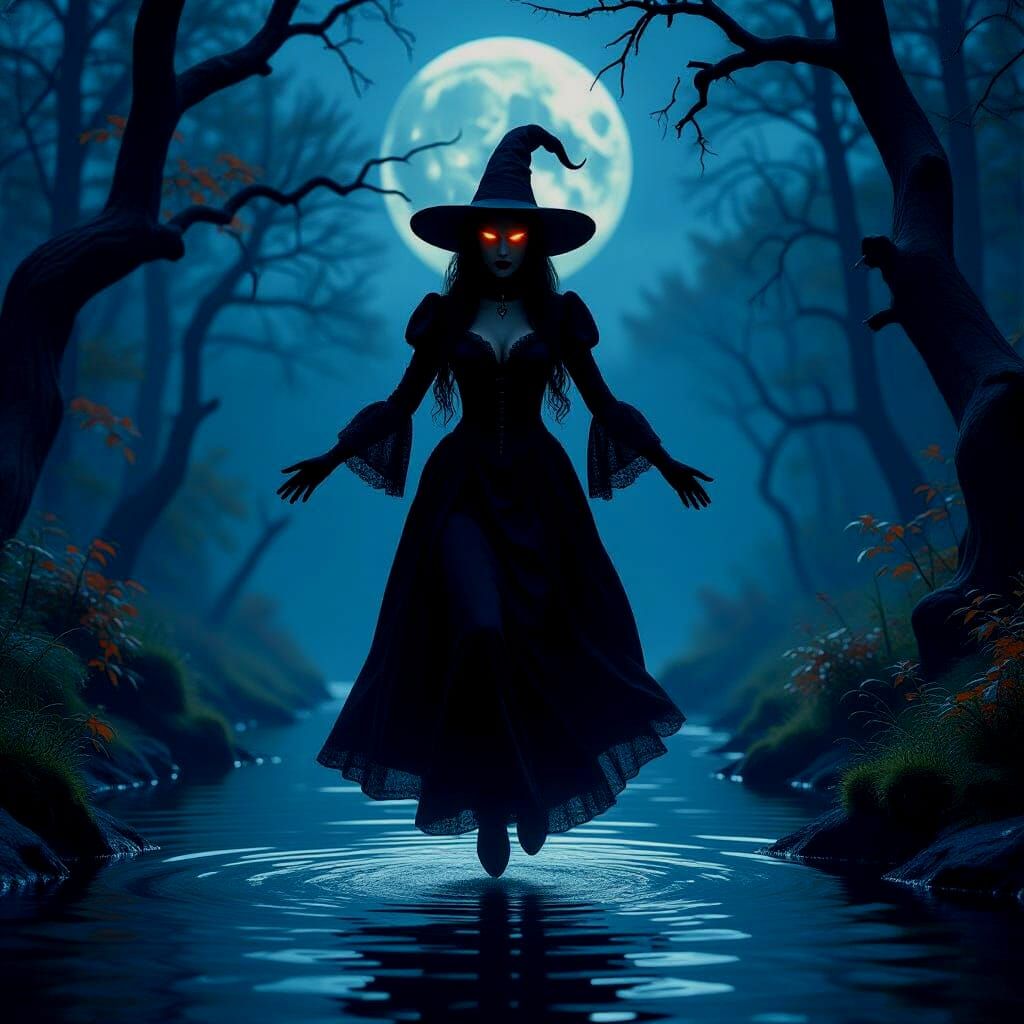 Gothic Witch Rising in Dark Autumn Forest