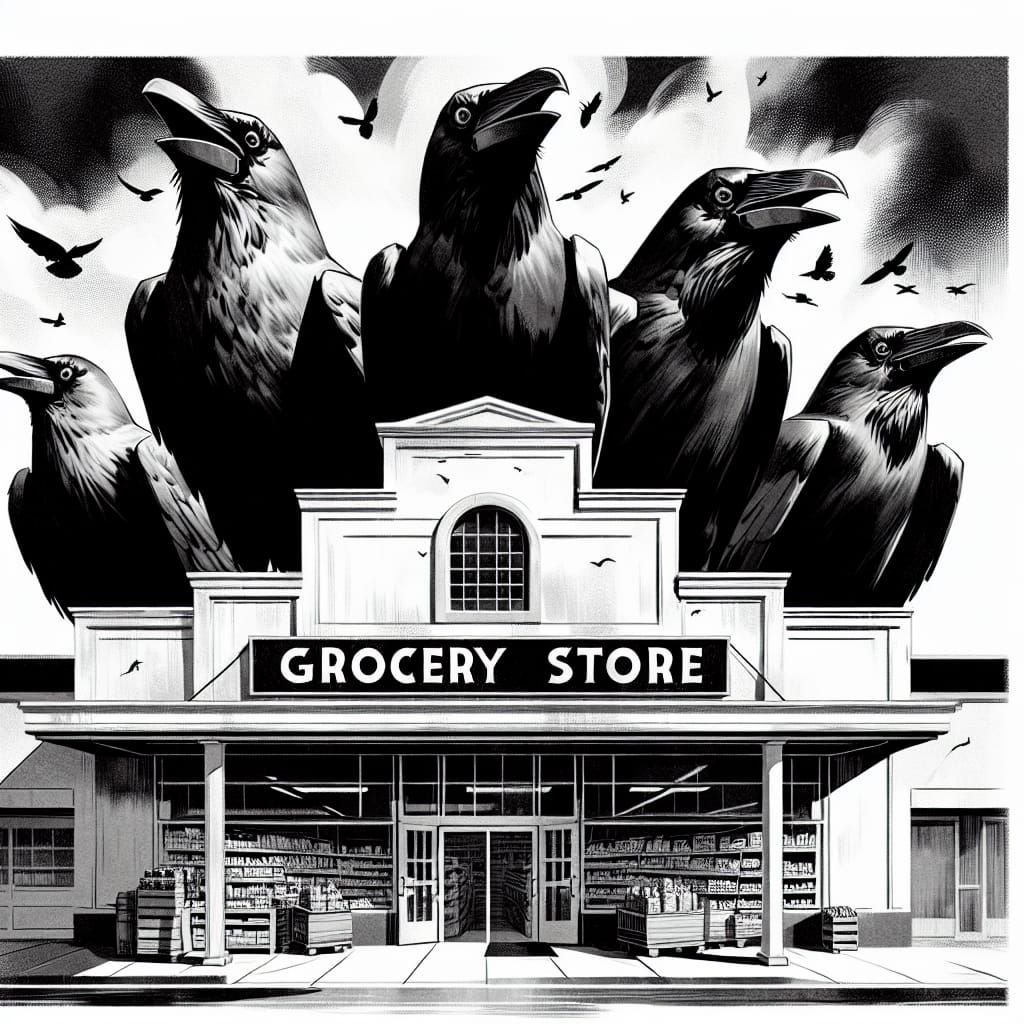 Vintage Grocery Store with Birds in Mid-Century Art Style