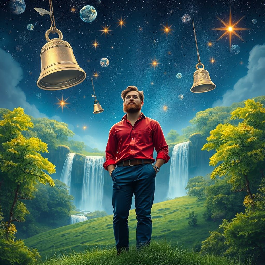 Man on Lush Hill Under Celestial Sky