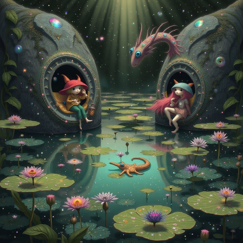 Enchanted Pond Whimsy: Little Dragons Explore Shimmering Wor...