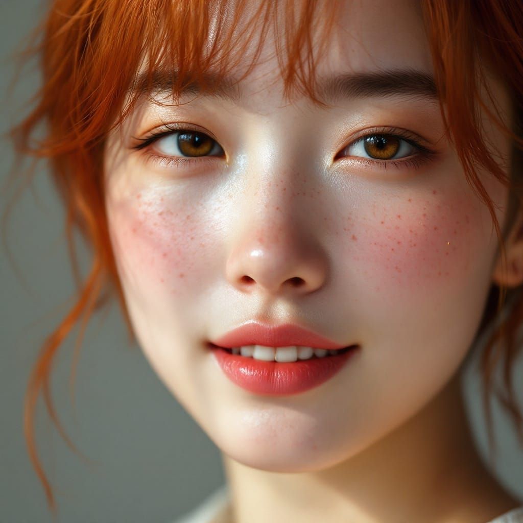 Beautiful Asian Woman with Freckles and Vibrant Red Hair