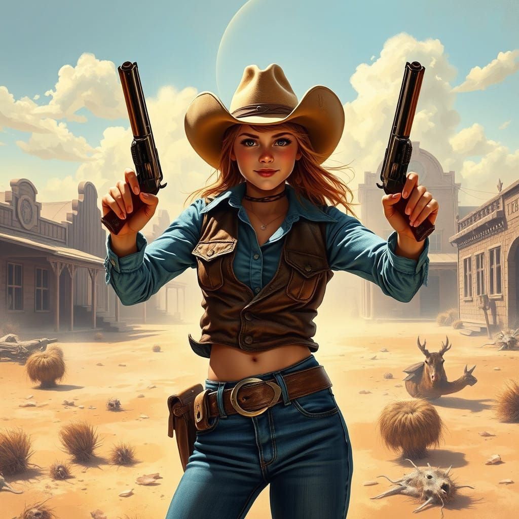 Confident Western Cowgirl Displays Her Guns in a Dusty Town