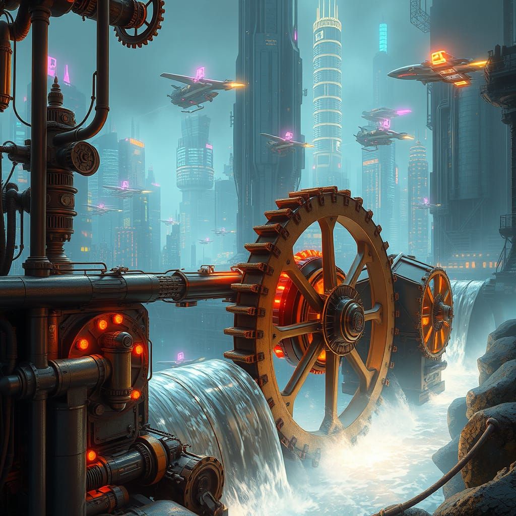 envision a steampunk waterwheel powering a futuristic city, its gears and cogs gleaming in the neon light. The waterwhee...