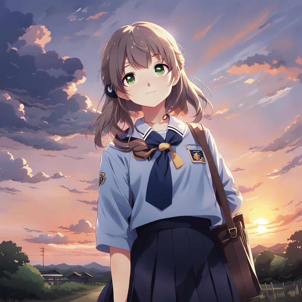 Anime Schoolgirl at Sunset in Countryside