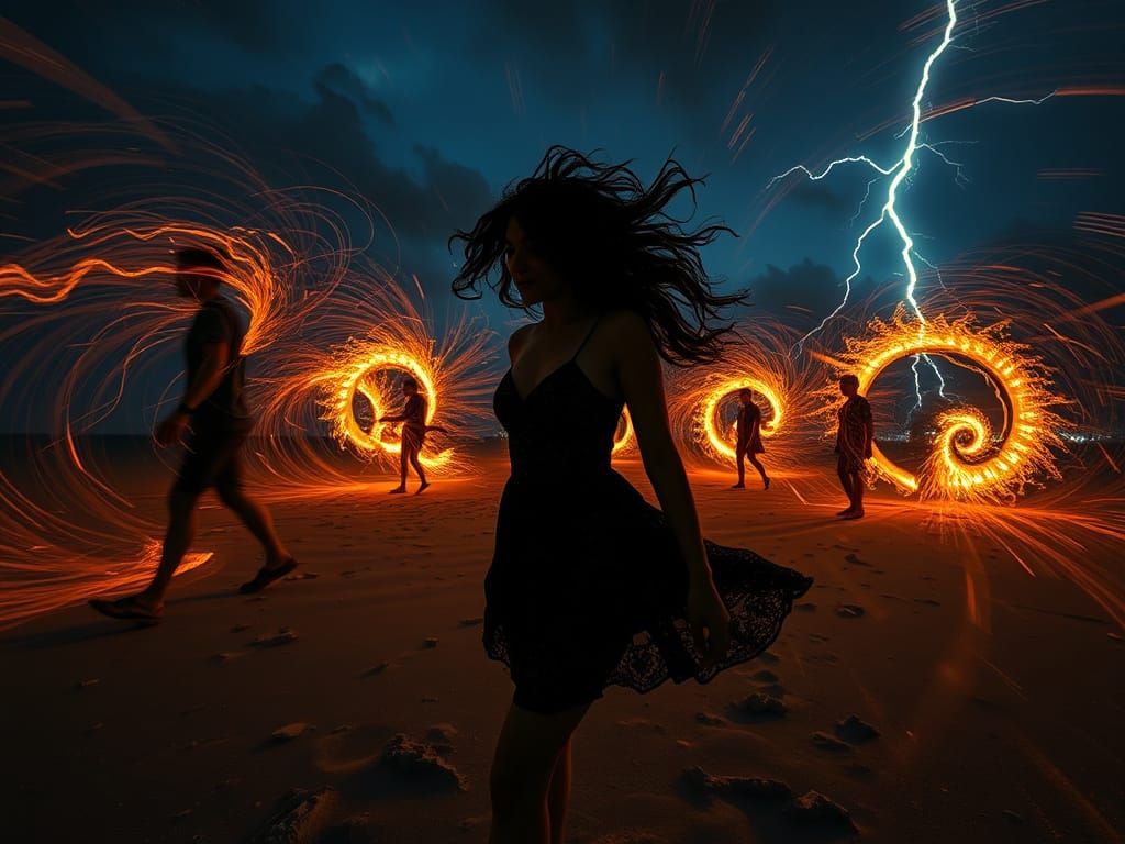 glowing curly kaleidoscopic whirlingtons on the beach at nig...