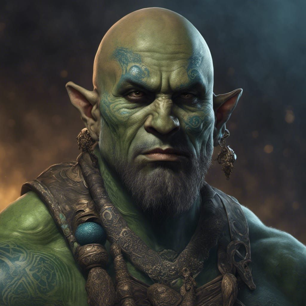 Detailed Orc Monk with Tribal Tattoos in Dark Fantasy Style