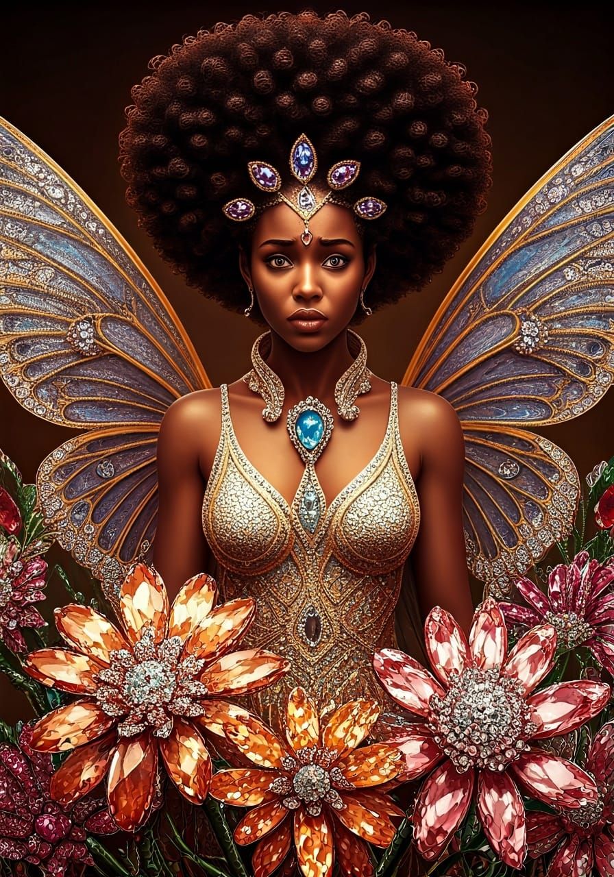 African American Fairy Surrounded by Jeweled Flowers