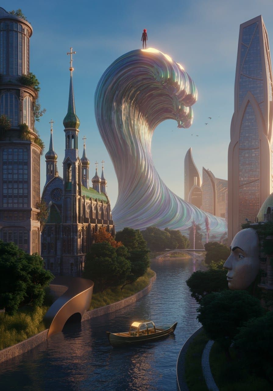 Dreamlike Metropolis with Iridescent Wave Structure