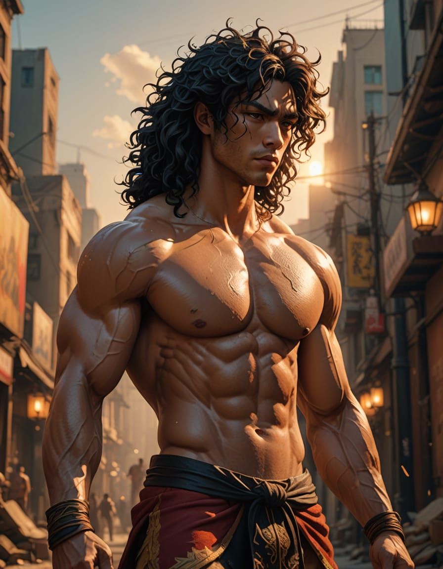 Muscular Anime Male Portrait in 3D with Golden Hour Lighting