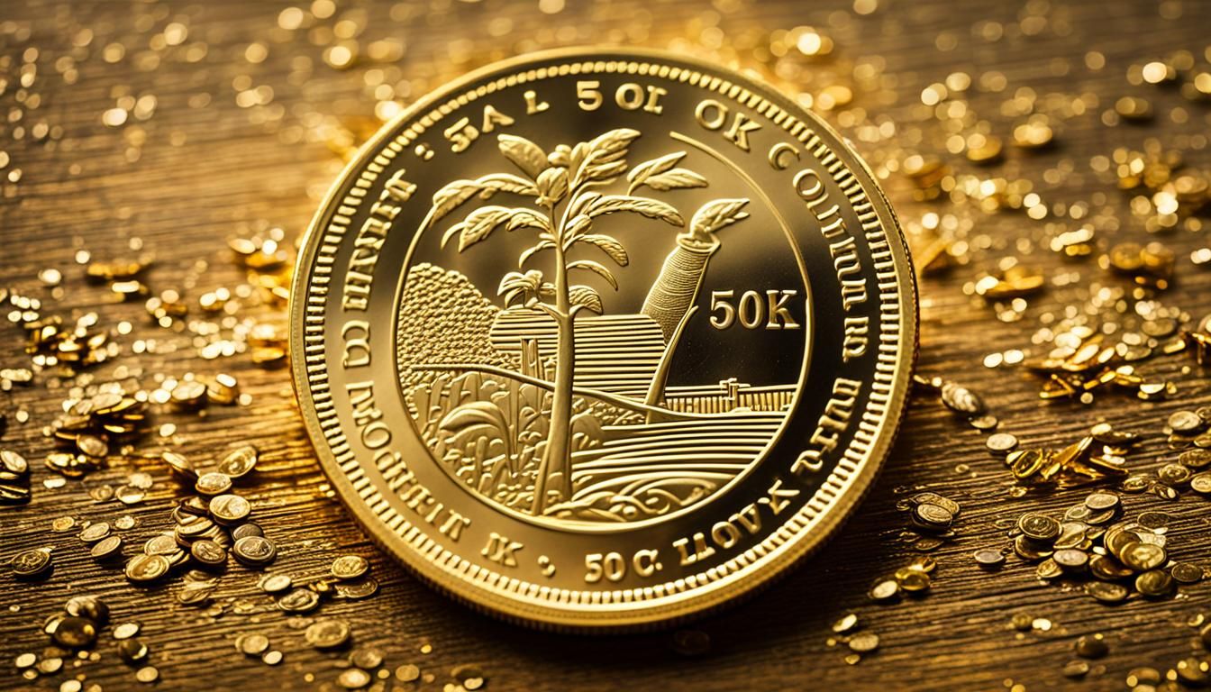 Golden coin engraved  " 50 K "  , collection box ambiant Pro...